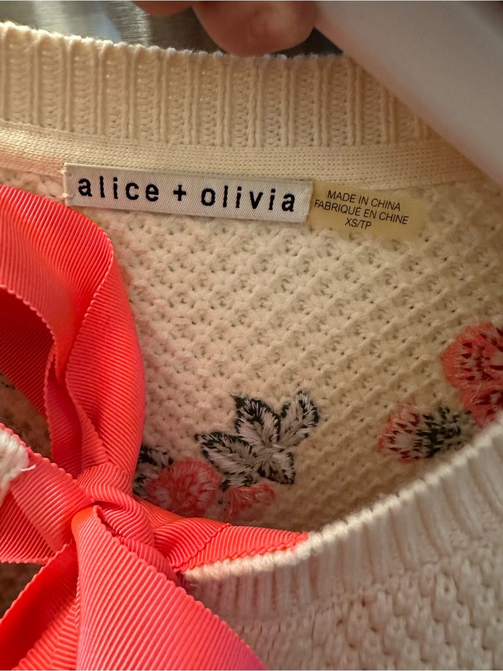 Alice + Olivia Cream Cardigan with Coral Floral Embroidery and Pink Bow - Picture 3 of 9